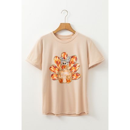 Khaki Thanksgiving Bowknot Turkey Graphic Crewneck Tee