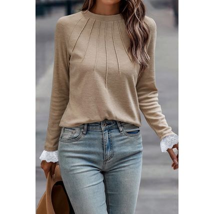 Parchment Seam Detail Lace Contrast Cuffs Raglan Sleeve Top