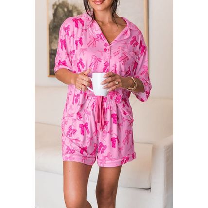 Pink Bow Print Half Sleeve Shirt and Shorts Pajamas Set