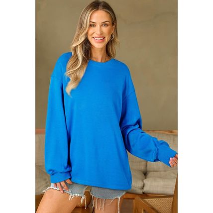 Sky Blue Solid Color Drop Shoulder Long Sleeve Basic Sweatshirt