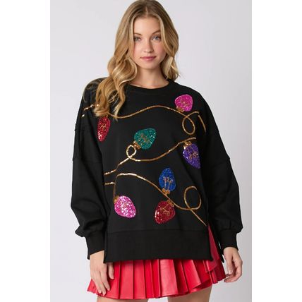 Black Bright Christmas Lights Sequined Oversized Sweatshirt
