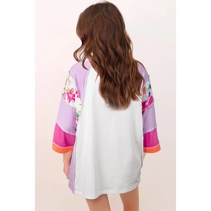 Sachet Pink Floral Color Block Patchwork 3/4 Sleeve Casual Blouse