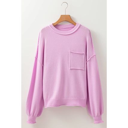 Pink Raw Edge Ribbed Detail Drop Shoulder Sweater