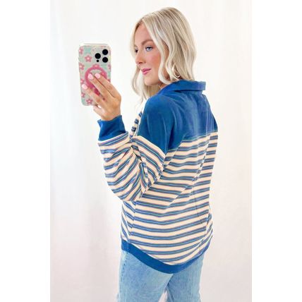 Blue Stripe Buttoned V Neck Collared Drop Shoulder Top