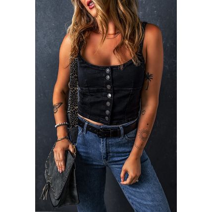 Black Acid Wash Buttoned Cropped Slim Denim Tank Top