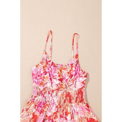 Red Floral Spaghetti Strap Surplice Neck Shirred Waist Mini Dress