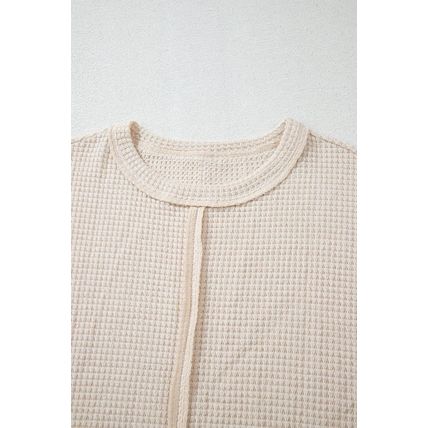 Pale Khaki Solid Color Textured Seamed Short Sleeve Top