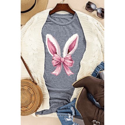 Gray Bunny Ear Bow Printed Easter Fashion T Shirt