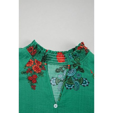 Bright Green Floral Print Buttoned V Neck Short Sleeve Blouse