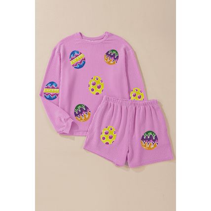 Phalaenopsis Easter Egg Patched Graphic Corded Long Sleeve Top Shorts Set