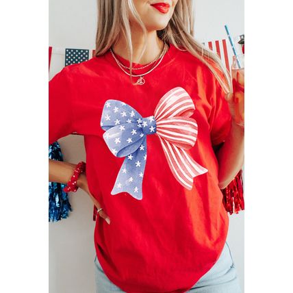Red Stars and Stripes Bow Print Independence Day T Shirt