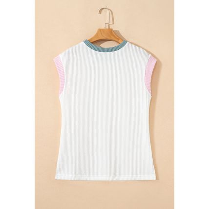White Color Block Corded Knit Crew Neck Tee