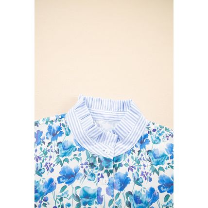 Sky Blue Floral Print Striped Patchwork Collared Short Sleeve Blouse