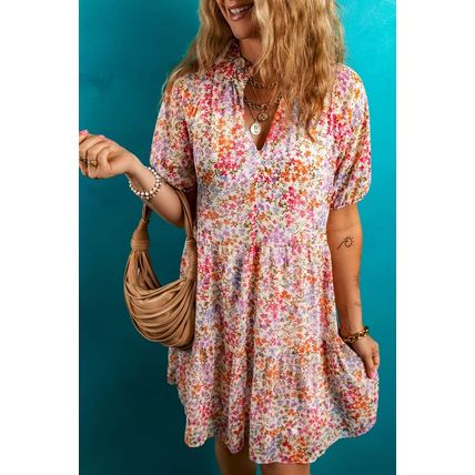 Red Floral Puff Sleeve Notched V Neck Tiered Mini Dress