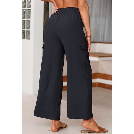 Black Drawstring Frilled Waist Wide Leg Utility Trousers