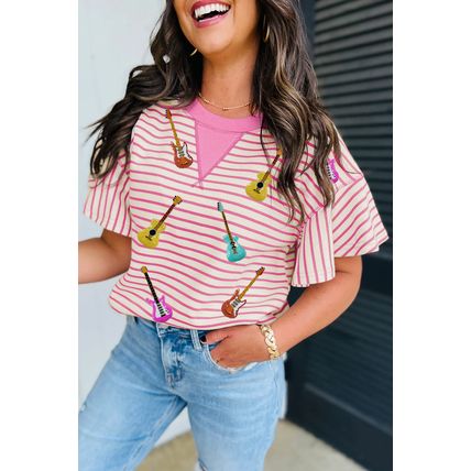 Sachet Pink Striped Guitar Patched Ruffle Short Sleeve Crossed Seam Blouse