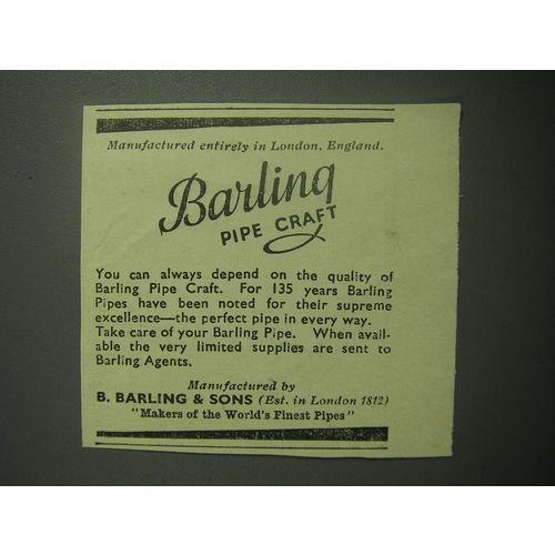 1948 Barling Pipes Ad - Manufactured entirely in London, England