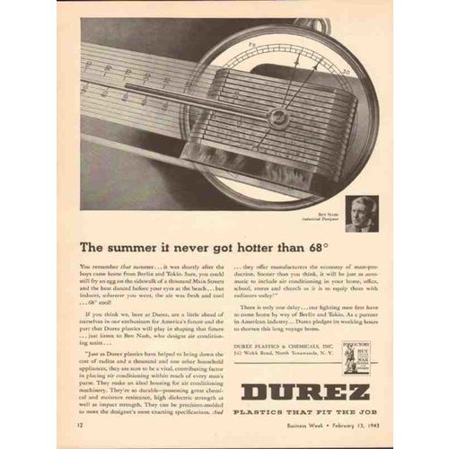 DUREZ PLASTICS CHEMICALS 1943 summer never hotter Ben Nash vintage ad