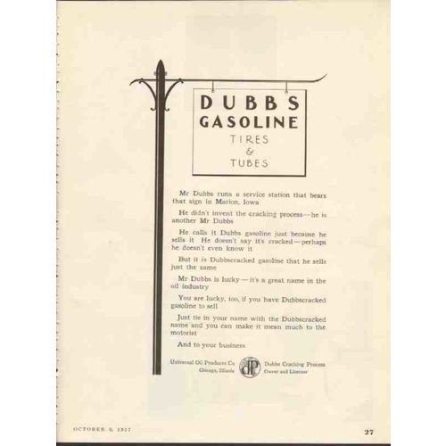 UNIVERSAL OIL PRODUCTS CO 1937 Dubbs gasoline tires tubes vintage ad