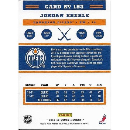 Score 2012 NHL Hockey Trading Card #193 Jordan Eberle Jersey #14 Edmonton Oilers