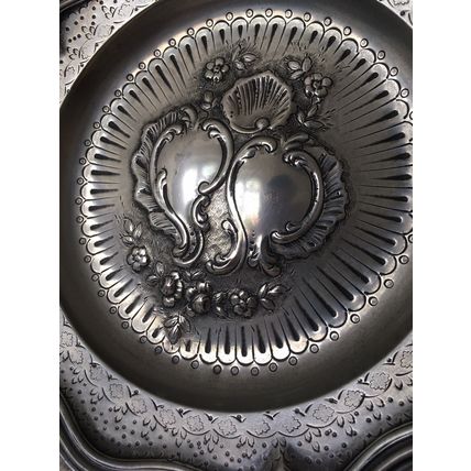 Rococo Style Pewter Tray / Fruit Tray Platter Flowers Shell & Leaves Vintage