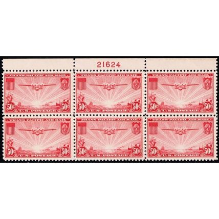 C22, Mint FVF NH Top Plate Block of Six Stamps CV $85 - Stuart Katz