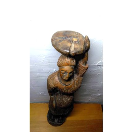 African Sculpture Tribal Woman Water Pot on Head Wood Carving - Abstract Art 19"