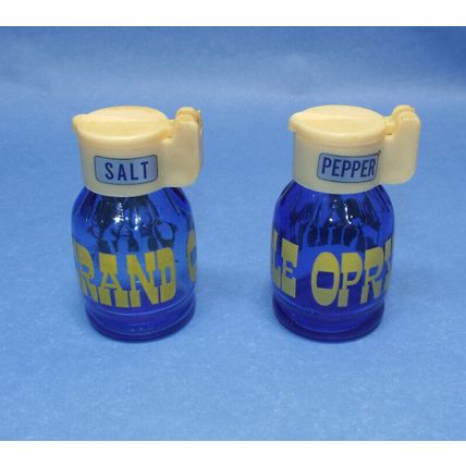 VINTAGE Cobalt GRAND OLE OPRY SOUVENIR SALT PEPPER SHAKERS SET Blue Yellow 1950s