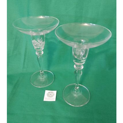 PAIR OF CLEAR GLASS CHAMPAGNE COUPE STYLE CANDLEHOLDERS w WHITE FLOWER DESIGN