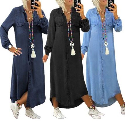 Plus Size Womens Denim Shirt Dress Ladies Button Long Sleeve Jeans Maxi Dresses