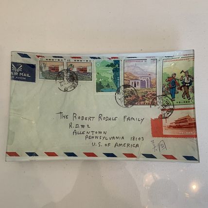 Heidi Rodale Glass Decoupage Tray "Postage Stamps" Robert Rodale Signed 2007 10"