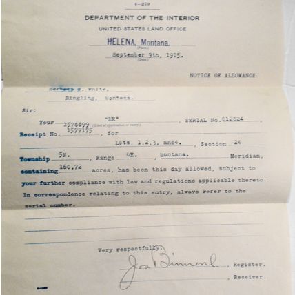 1915 Notice of Allowance, Department of the Interior Land Office, Helena Montana