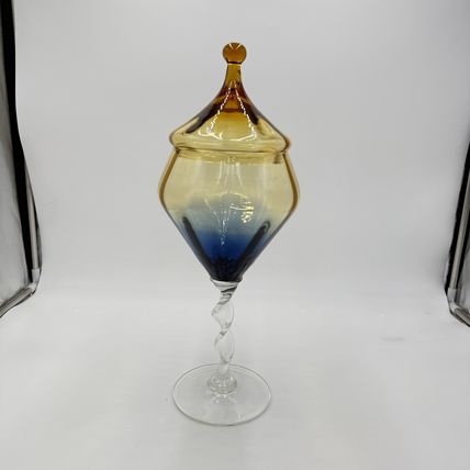 MCM Italian Empoli art Glass Apothecary Jar multicolor amber blue compote 16”