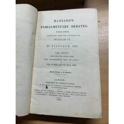RARE* 1853 "HANSARD'S PARLIAMENTARY DEBATES FOR THE YEAR 1852" 1.3kg BOOK (P7)