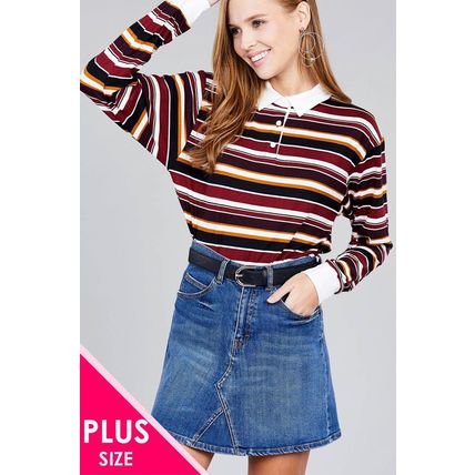 Ladies fashion plus size long sleeve multi striped dty brushed shirts
