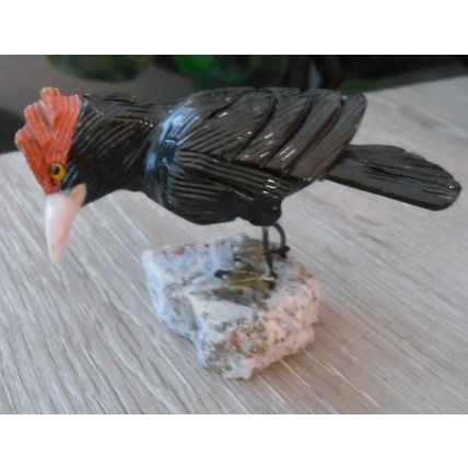 Vintage 3" Carved Ruby Crowned Tanager Semi Precious Stone Sculpture