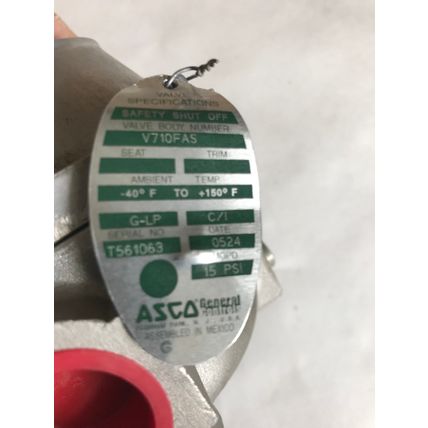 NEW ASCO V710FAS ACTUATOR OPERATED GAS VALVE, 1" NPT, 15 PSI,ET