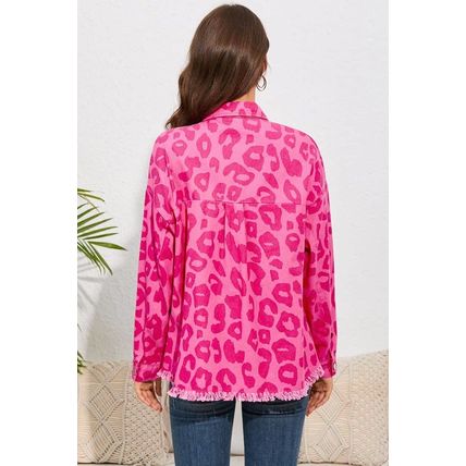 Pink Leopard Print Button Cuffs Raw Hem Jacket