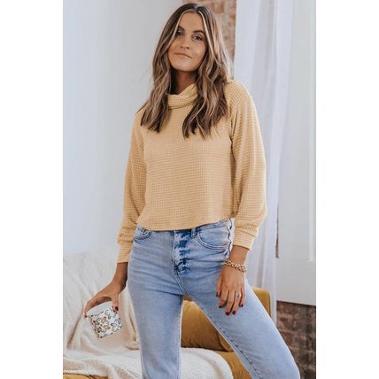 Apricot Solid Waffle Knit Turtleneck Long Sleeve Top