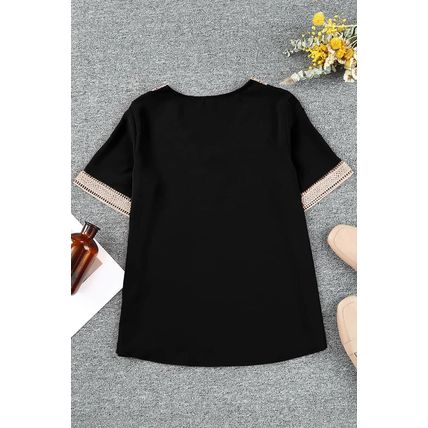Black Lace Trim Short Sleeve V Neck Plus Size Top