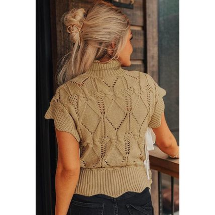 Light French Beige Hollowed Knit Scalloped Trim High Neck Sweater