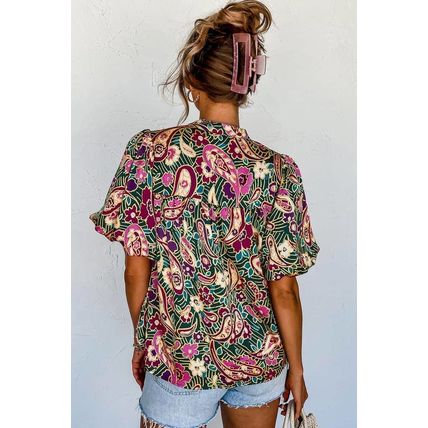 Green V Neck Short Bubble Sleeve Paisley Blouse