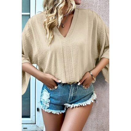 Parchment Solid V Neck Wide Sleeve Crinkled Blouse