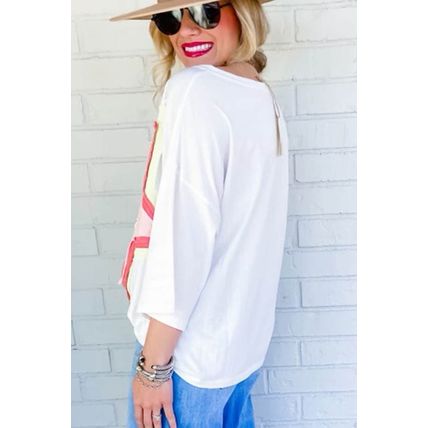 White Colorblock Star Patched Half Sleeve Oversized Tee