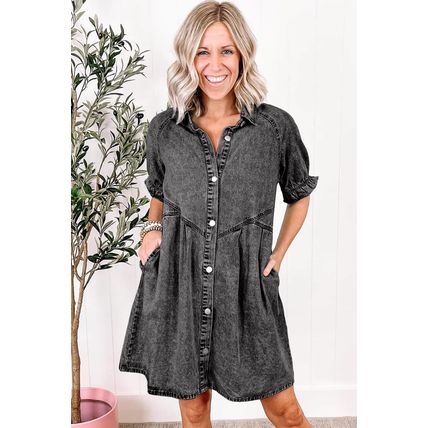 Medium Grey Mineral Wash Ruffled Short Sleeve Buttoned Denim Dress