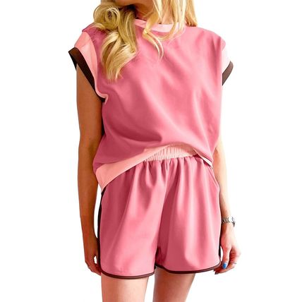 Peach Blossom Contrast Trim Cap Sleeve Tee Shorts Set