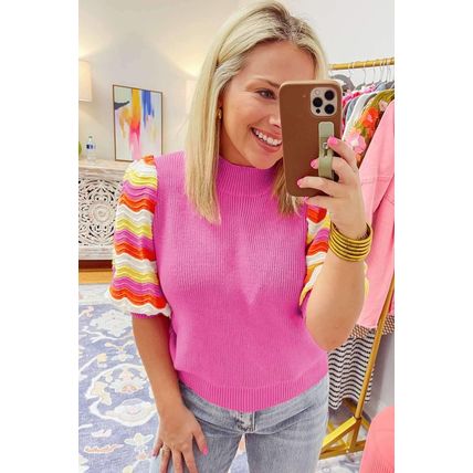 Pink Ribbed Knit Contrast Sleeve Sweater Top