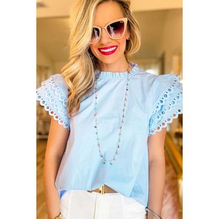 Beau Blue Layered Ric Rac Cap Sleeve Filled Neck Blouse