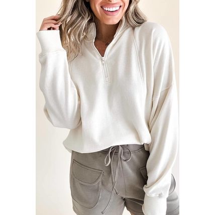 White Zipped Neck Pullover Drop Shoulder Sweatshirt