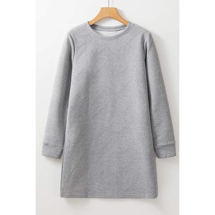 Gray Solid Color Textured Long Sleeve Shift Dress